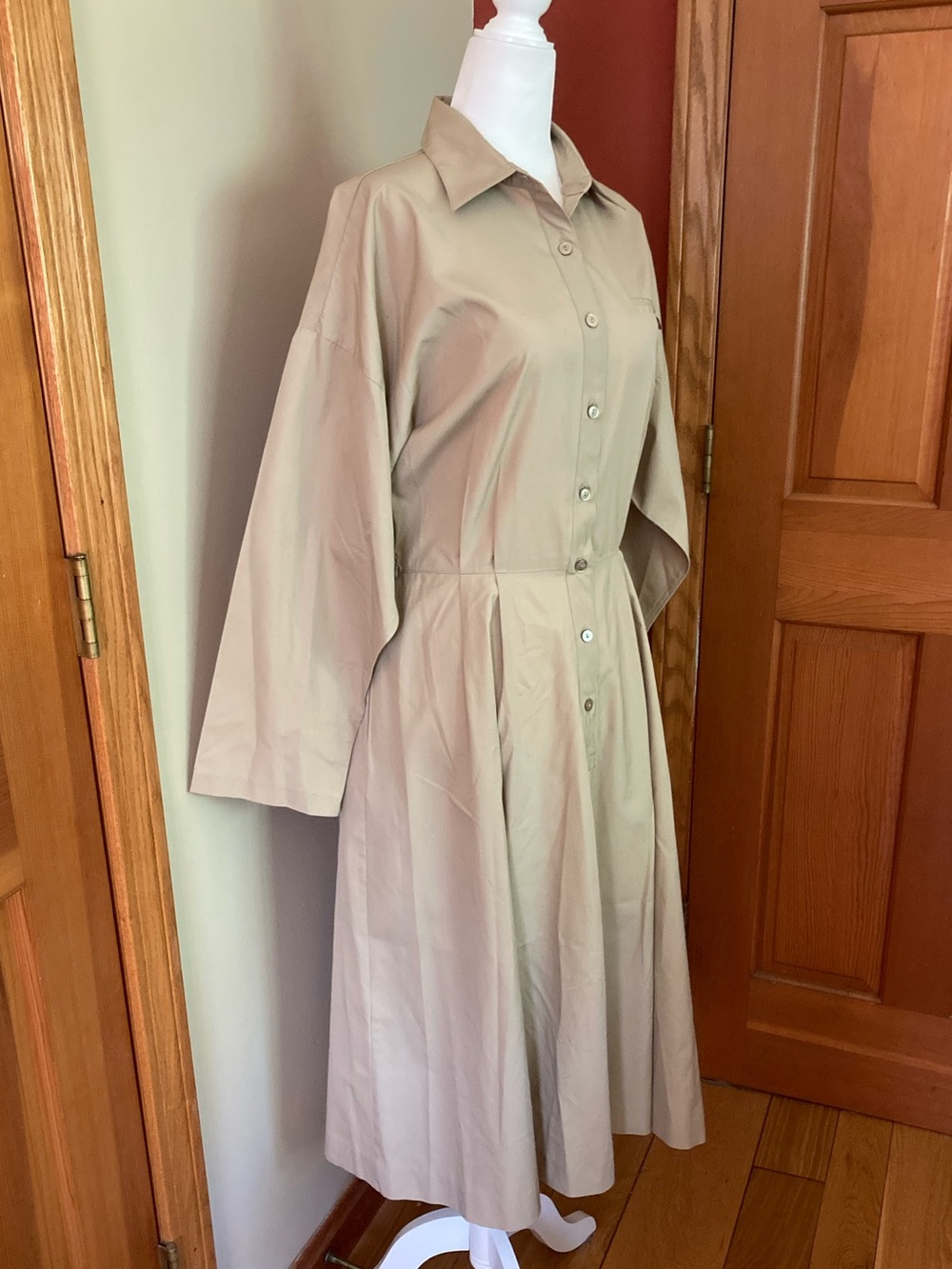 Vintage 80s Sunshine Starshine Khaki Safari Shirt Dress Midi Pockets